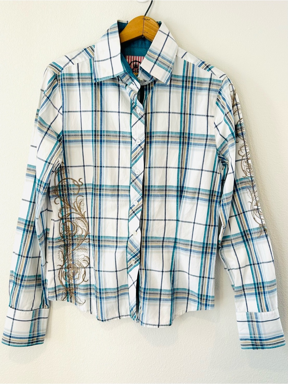 English Laundry EIIR Monarch Plaid Embroidered Button Down Tailored Shirt L